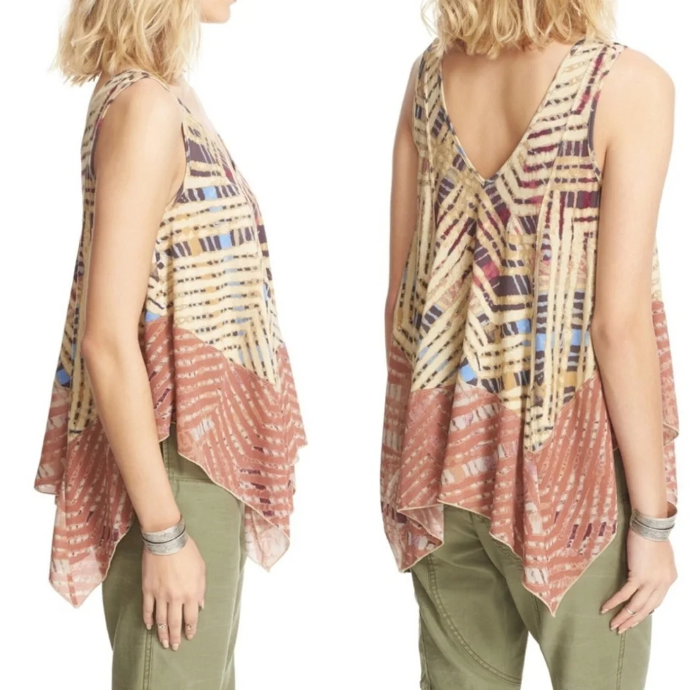 Free People Day Dreamers Tank Top VNeck Faux Batik Print Handkerchief Hem XS NWT - Picture 5 of 15